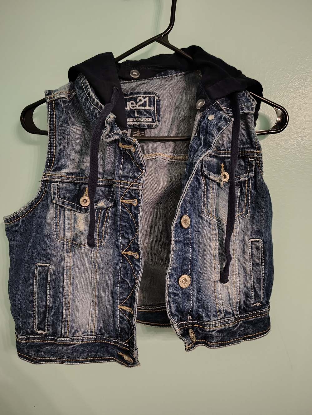 Rue21 Girls Blue Distressed Denim Hooded Vest